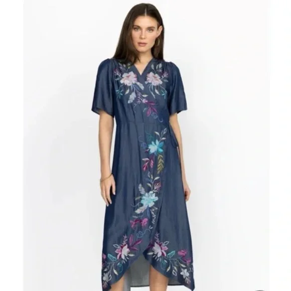 Johnny Was Nico chambray floral embroidery wrap dress